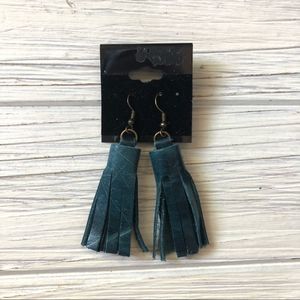 Boho Teal Turquoise Leather Tassel Fringe Earrings